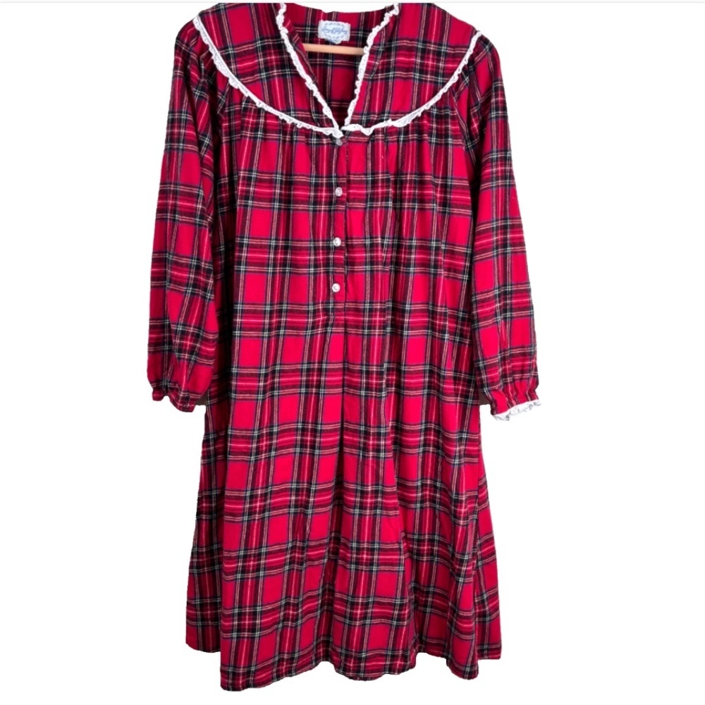 Vintage LANZ of Salzburg Flannel Nightgown S Plaid Lace Trim Granny Christmas